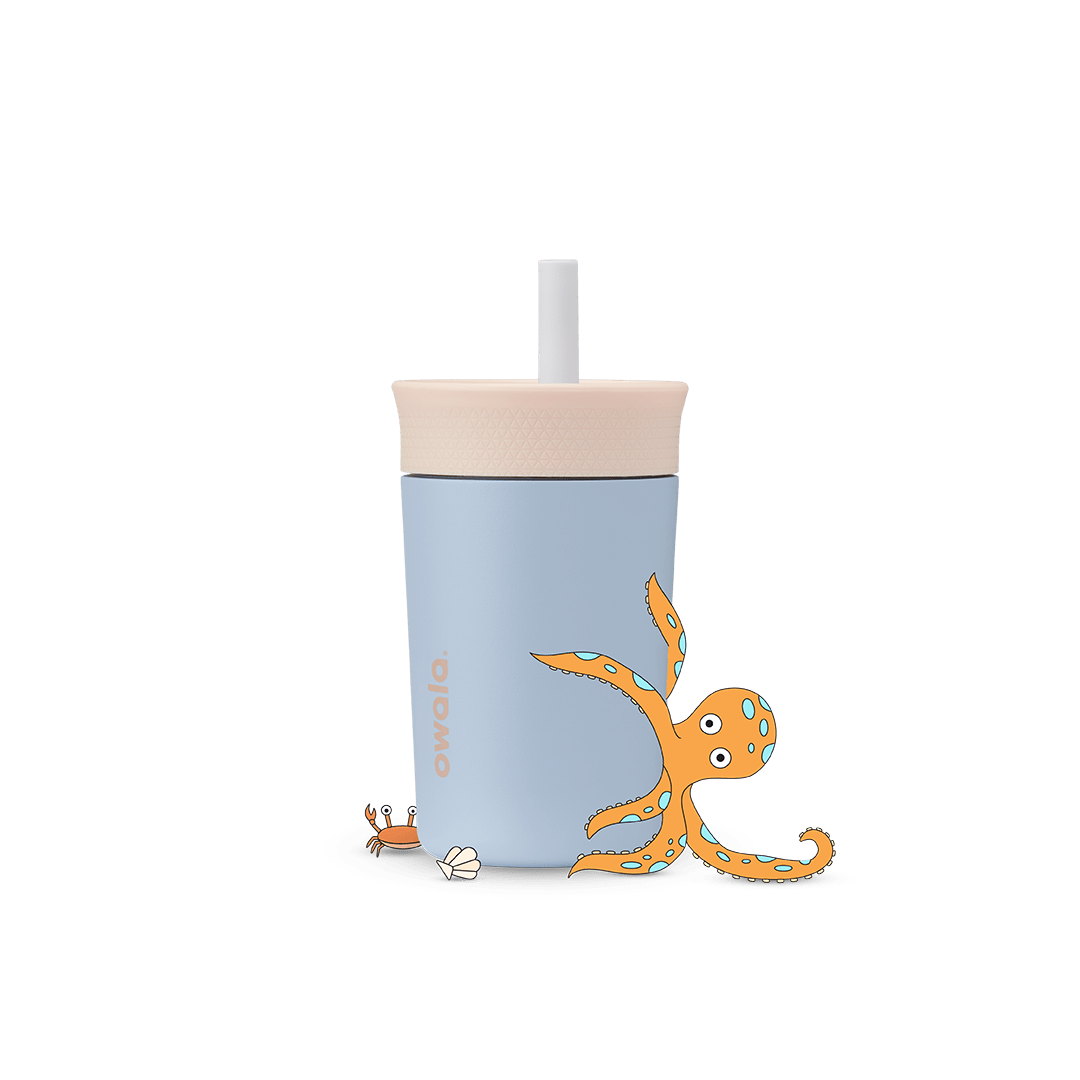 Full profile shot of the 12oz Kids' Tumbler 'Seas the Day,' featuring an octopus and crab hugging the tumbler.